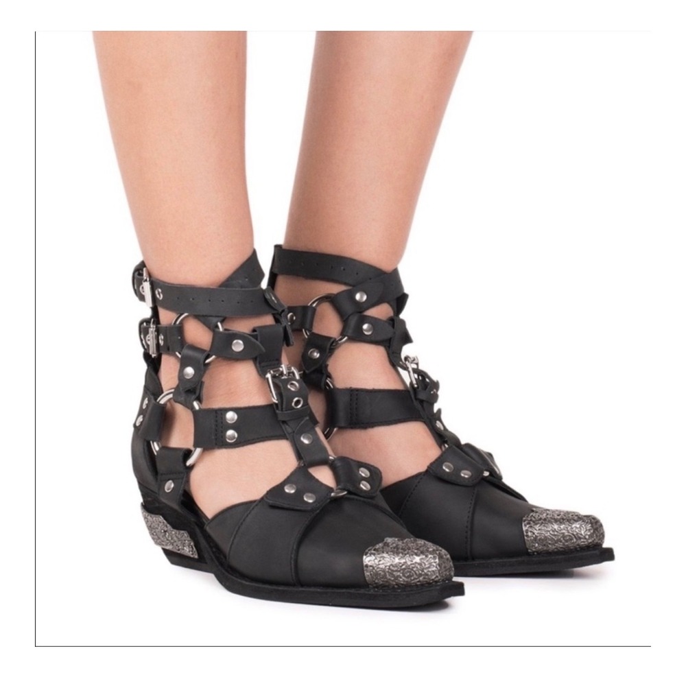 Jeffrey Campbell Temeku Black Leather Cage Gladiator Western Boots Women 7.5M